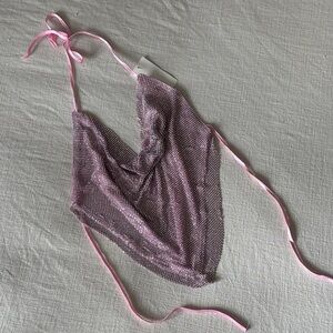 Pink Rhinestone Mesh Tie-Back Top – Size S/M